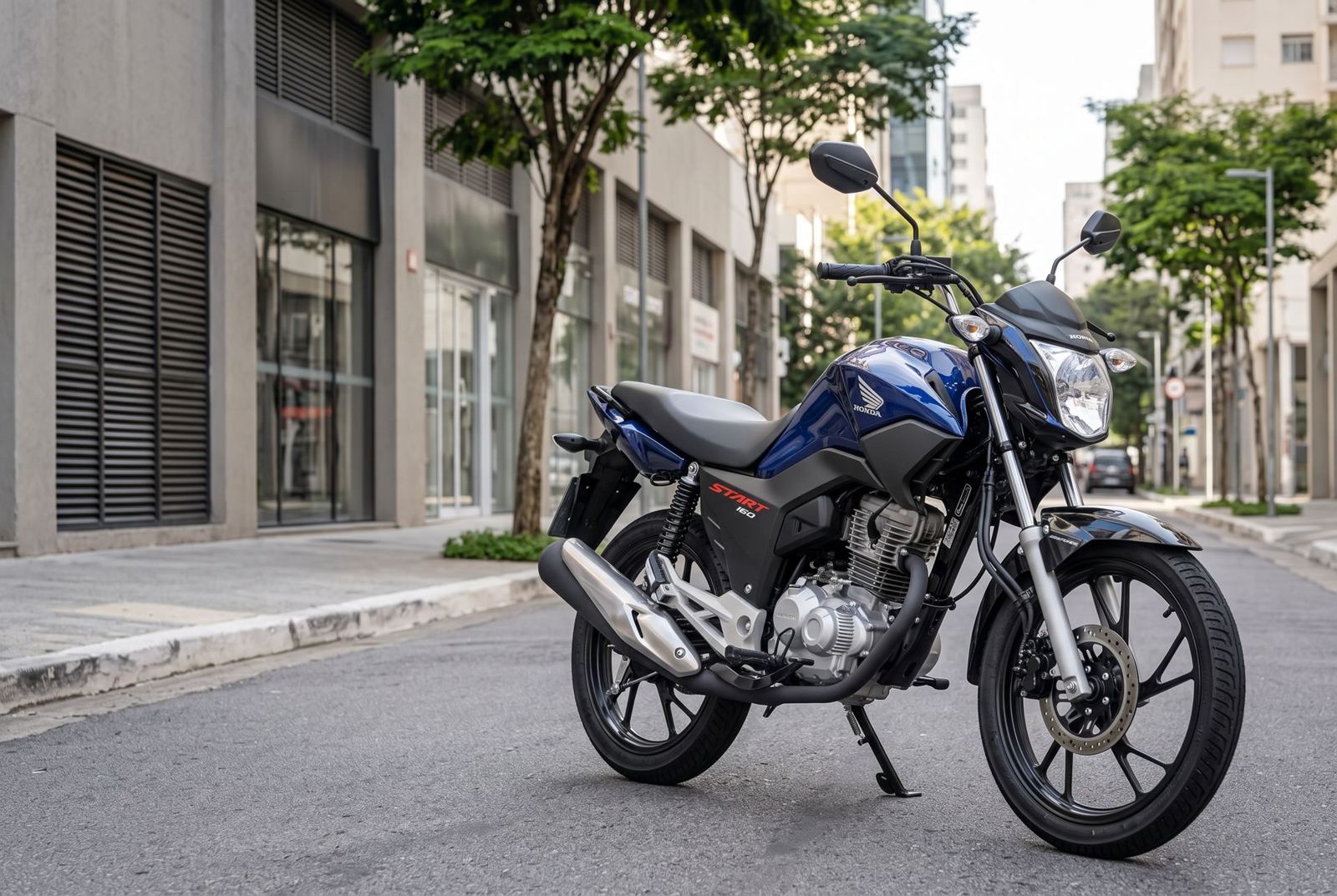 Moto Honda azul e cinza em uma rua urbana