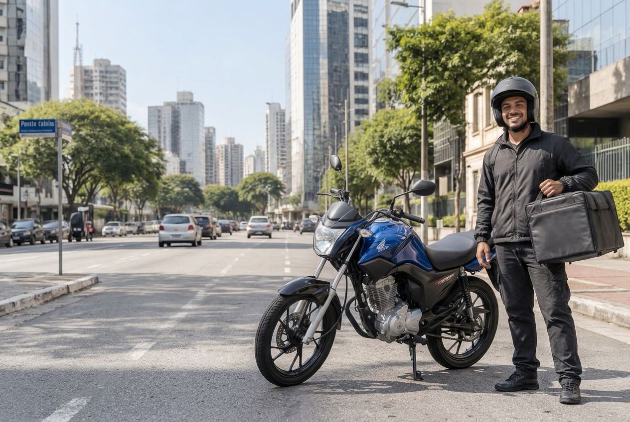Entregador sorrindo de capacete com sacola ao lado da Honda CG Start 160
